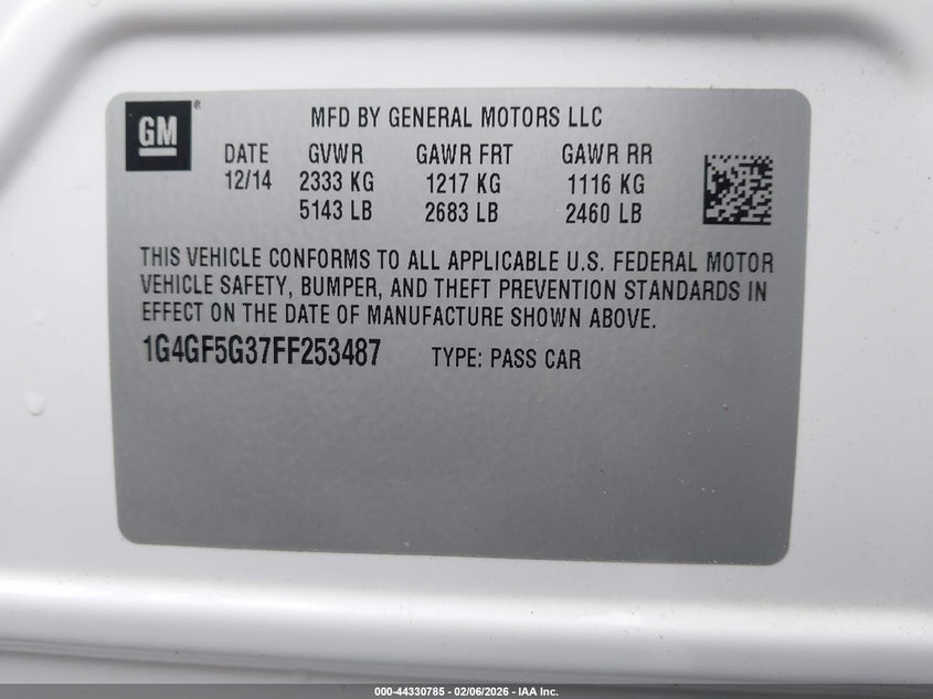 2015 Buick Lacrosse Premium Ii VIN: 1G4GF5G37FF253487 Lot: 44330785