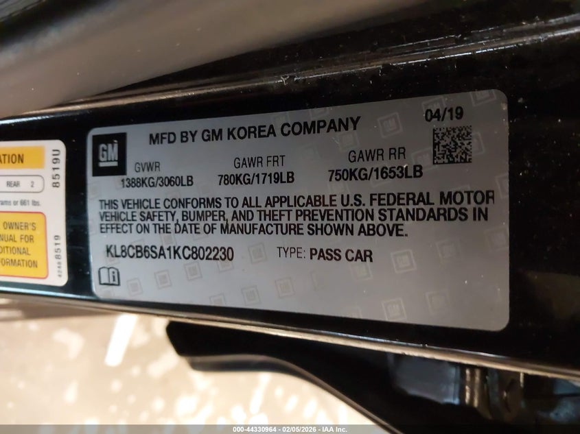 2019 Chevrolet Spark Ls Cvt VIN: KL8CB6SA1KC802230 Lot: 44330964