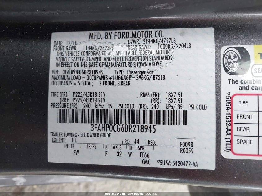 2011 Ford Fusion Sel VIN: 3FAHP0CG6BR218945 Lot: 44331009