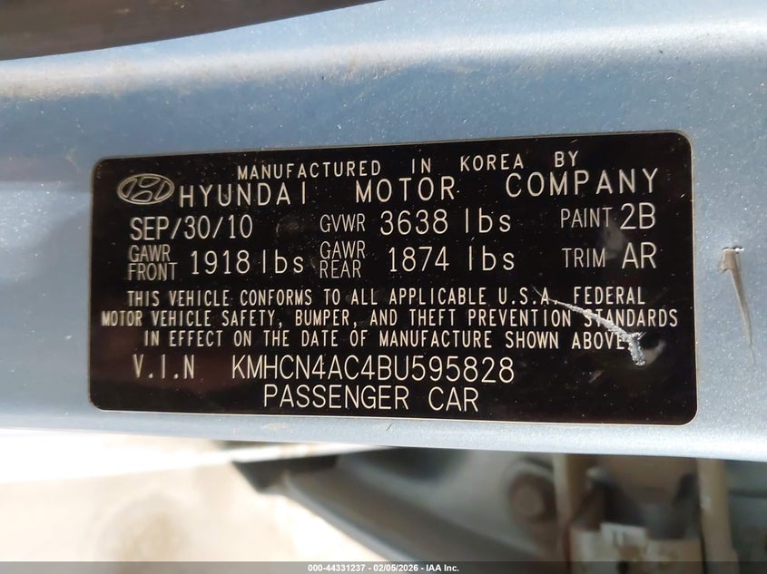 2011 Hyundai Accent Gls VIN: KMHCN4AC4BU595828 Lot: 44331237