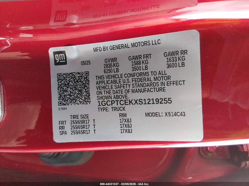 VIN 1GCPTCEKXS1219255 2025 CHEVROLET COLORADO 4WD LT