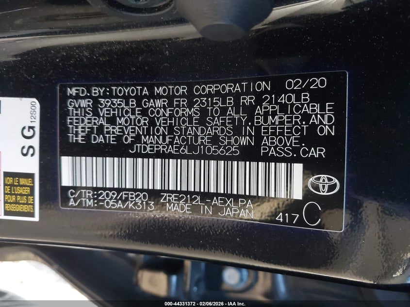 VIN JTDEPRAE6LJ105625 2020 TOYOTA COROLLA LE