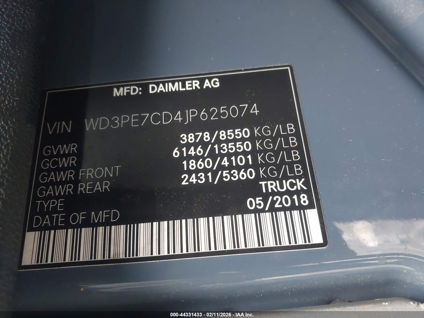 2018 Mercedes-Benz Sprinter 2500 Standard Roof V6 VIN: WD3PE7CD4JP625074 Lot: 44331433