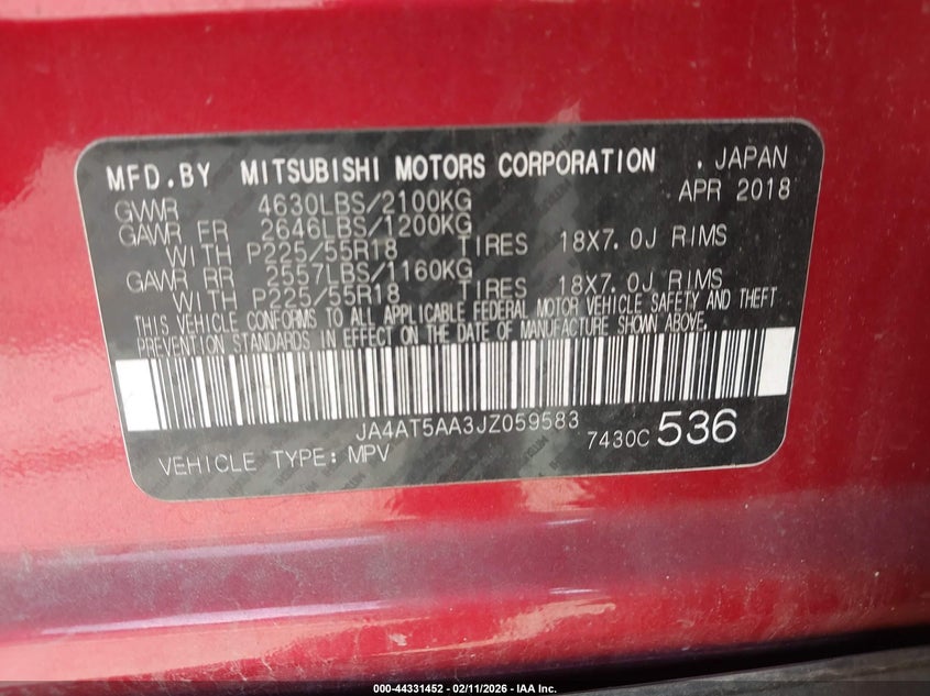 2018 Mitsubishi Eclipse Cross Se VIN: JA4AT5AA3JZ059583 Lot: 44331452