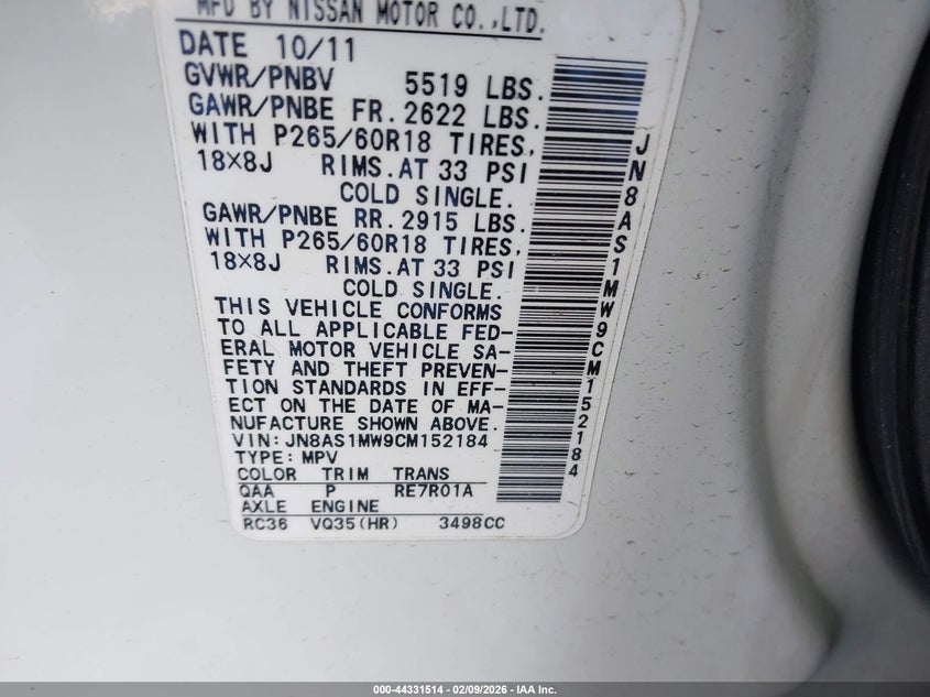 2012 Infiniti Fx35 VIN: JN8AS1MW9CM152184 Lot: 44331514