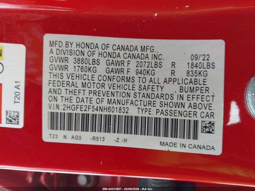 2022 Honda Civic Sport VIN: 2HGFE2F54NH601832 Lot: 44331607