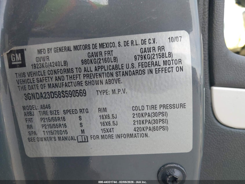 2008 Chevrolet Hhr Lt VIN: 3GNDA23D58S590569 Lot: 44331744