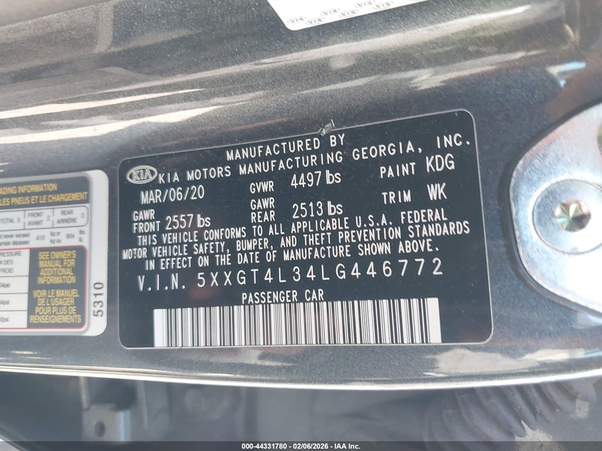2020 Kia Optima Se VIN: 5XXGT4L34LG446772 Lot: 44331780