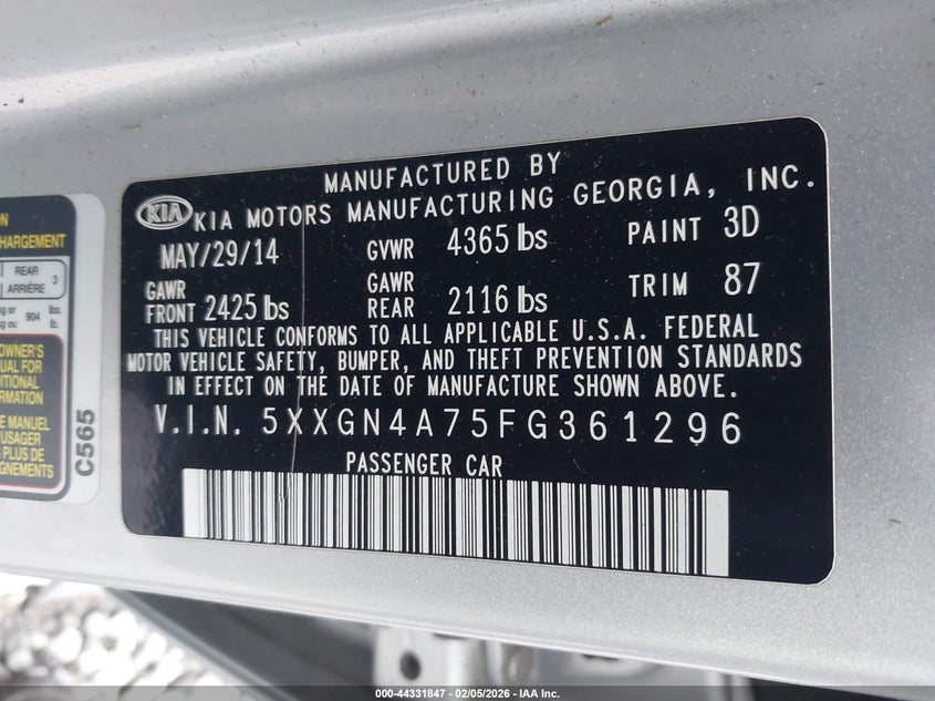2015 Kia Optima 2.4 Ex silver Lot 111044331847 Vin 5XXGN4A75FG361296