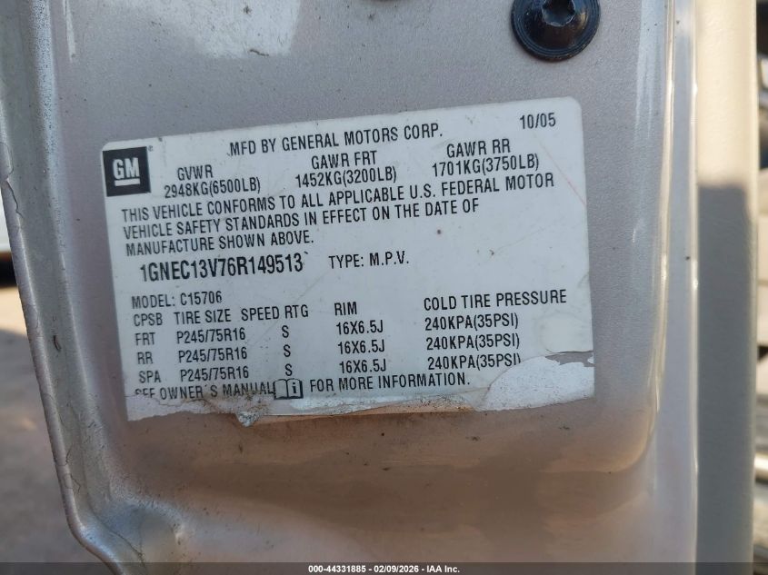 2006 Chevrolet Tahoe Ls VIN: 1GNEC13V76R149513 Lot: 44331885