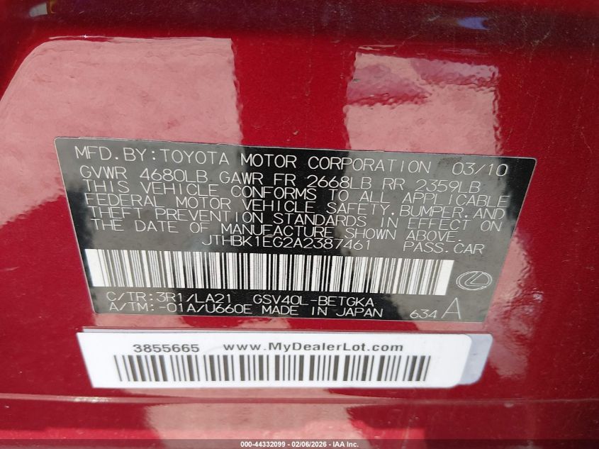 2010 Lexus Es 350 VIN: JTHBK1EG2A2387461 Lot: 44332099