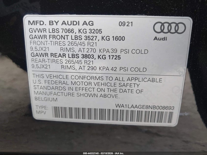 2022 Audi E-Tron Premium Plus Quattro VIN: WA1LAAGE8NB008693 Lot: 44332145