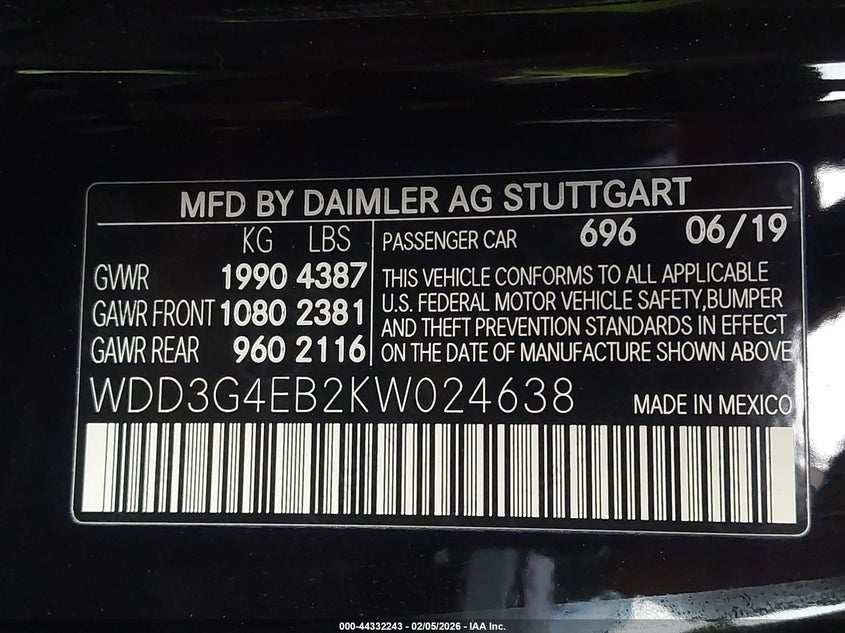 VIN WDD3G4EB2KW024638 2019 MERCEDES-BENZ A 220