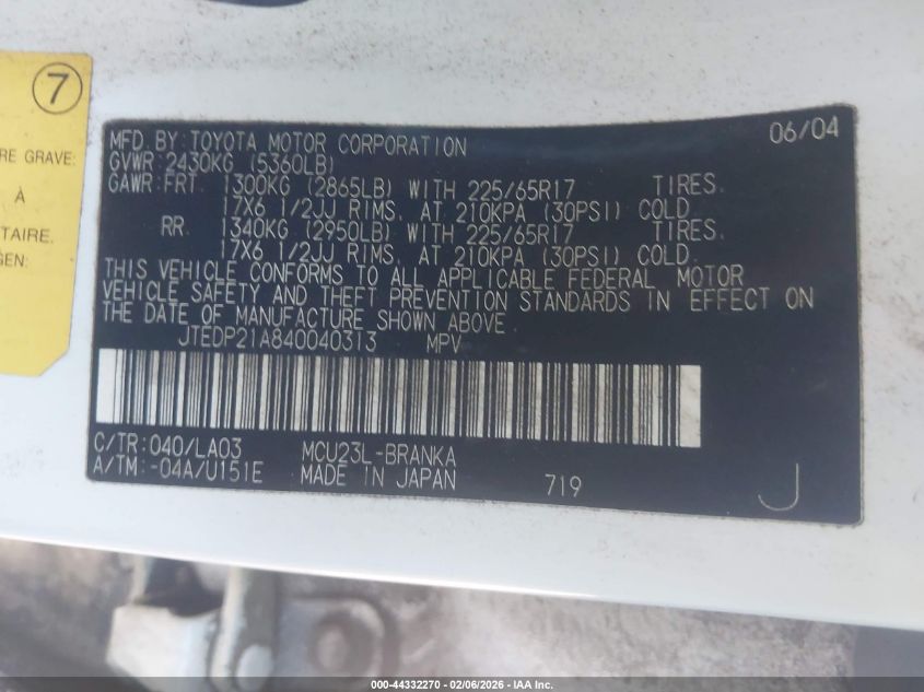 2004 Toyota Highlander Limited V6 VIN: JTEDP21A840040313 Lot: 44332270