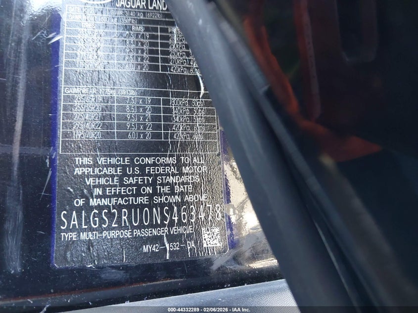 LAND-ROVER RANGE ROVER 2022 VIN SALGS2RU0NS463478
