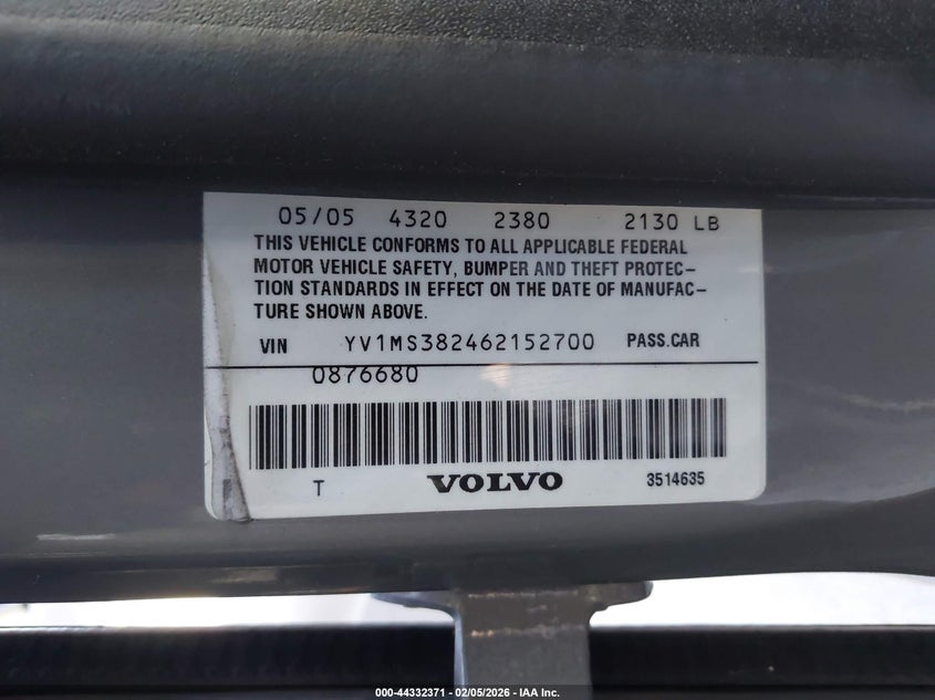2006 Volvo S40 2.4I VIN: YV1MS382462152700 Lot: 44332371