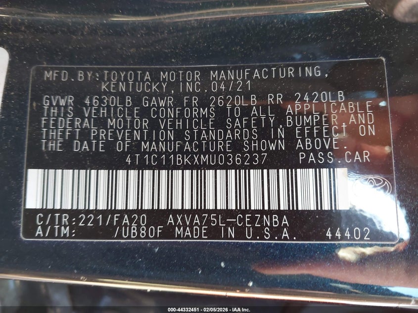 VIN 4T1C11BKXMU036237 2021 TOYOTA CAMRY LE AWD