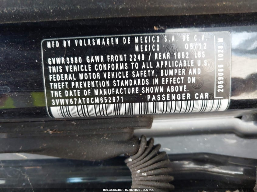 2012 Volkswagen Beetle 2.0T VIN: 3VWV67AT0CM652671 Lot: 44332489