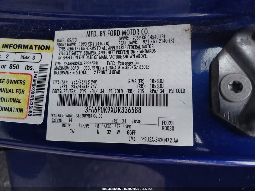 2013 Ford Fusion 2.0 Titanium blue Lot 111044332607 Vin 3FA6P0K9XDR336588