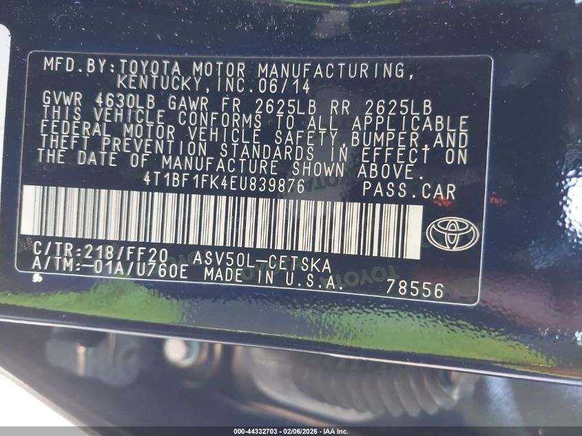 2014 Toyota Camry Se Sport VIN: 4T1BF1FK4EU839876 Lot: 44332703