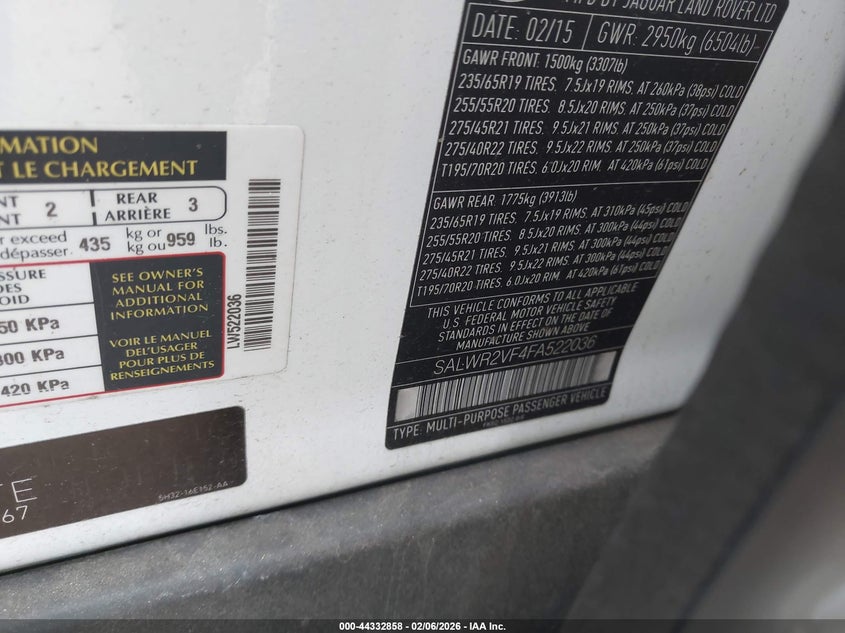 2015 Land Rover Range Rover Sport 3.0L V6 Supercharged Hse VIN: SALWR2VF4FA522036 Lot: 44332858