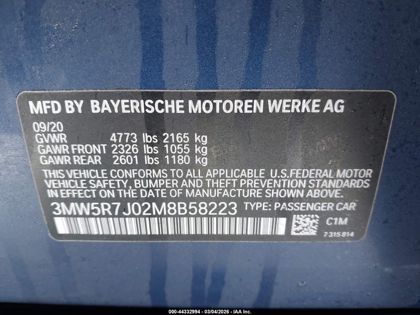2021 BMW 330I xDrive VIN: 3MW5R7J02M8B58223 Lot: 44332994