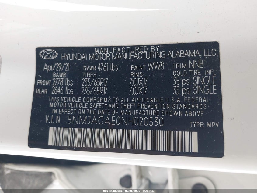 2022 Hyundai Tucson Se VIN: 5NMJACAE0NH020530 Lot: 44333035