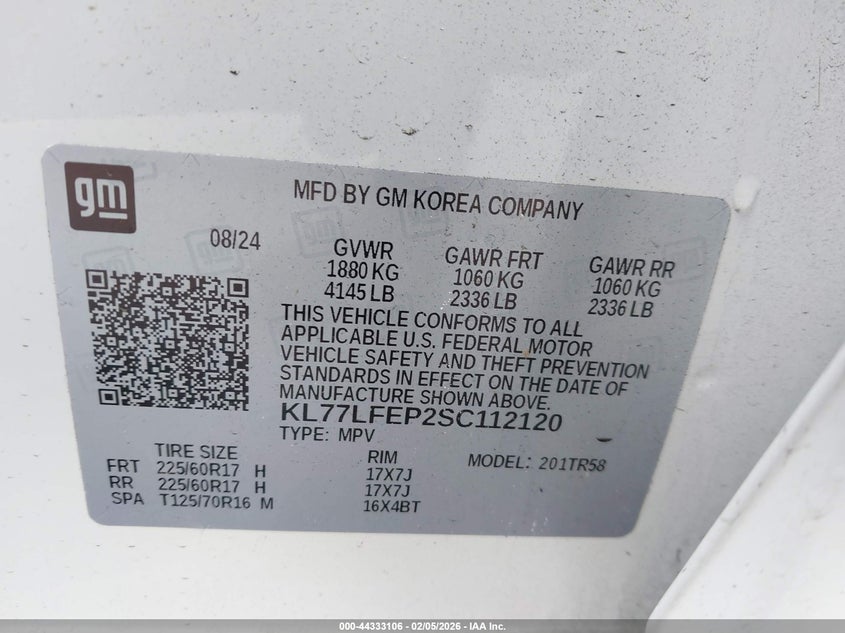 2025 Chevrolet Trax Fwd Ls VIN: KL77LFEP2SC112120 Lot: 44333106