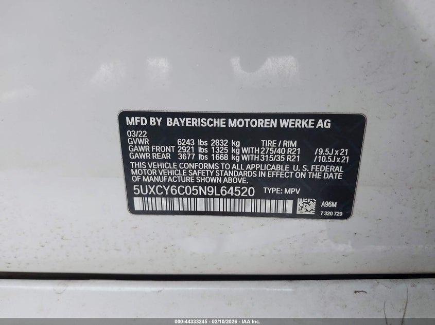 VIN 5UXCY6C05N9L64520 2022 BMW X6 XDRIVE40I