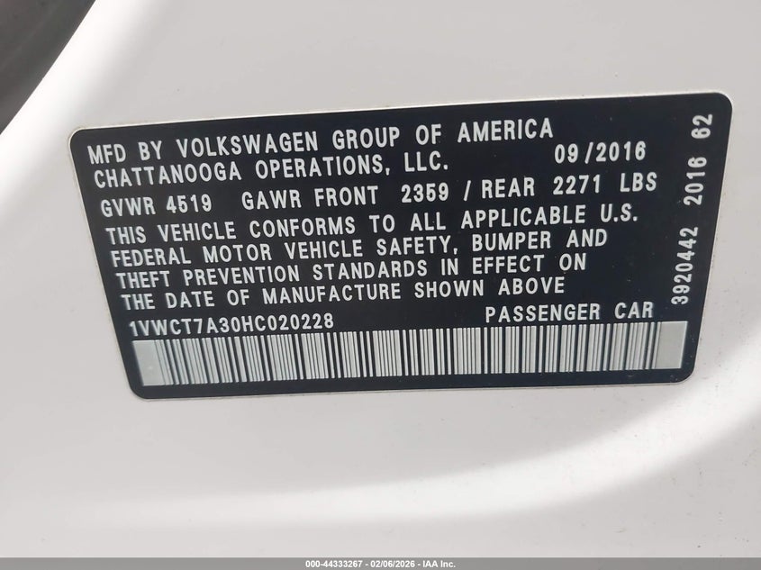 VIN 1VWCT7A30HC020228 2017 VOLKSWAGEN PASSAT 1.8T SEL PREMIUM