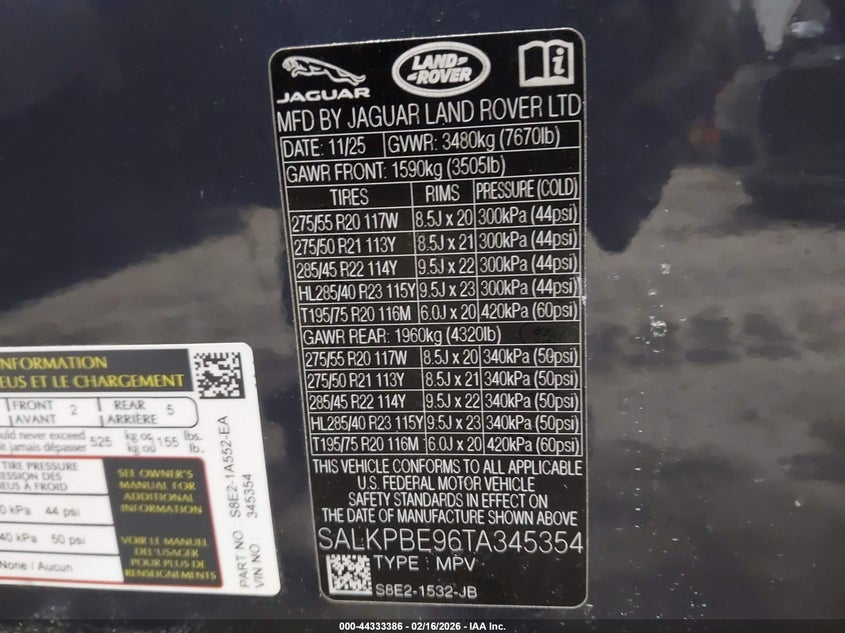 2026 Land Rover Range Rover P530 Se 7 Seat VIN: SALKPBE96TA345354 Lot: 44333386