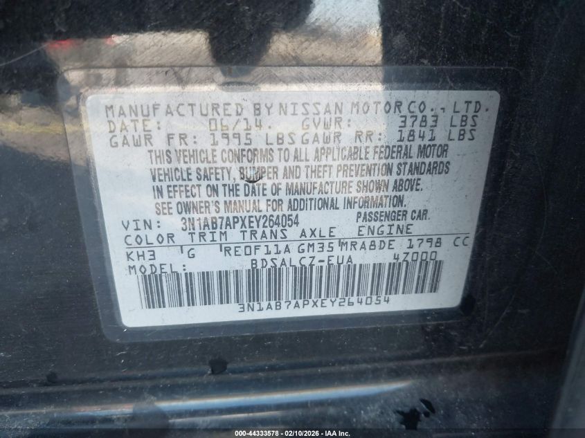 2014 Nissan Sentra S VIN: 3N1AB7APXEY264054 Lot: 44333578