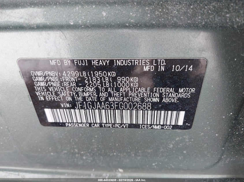2015 Subaru Impreza 2.0I VIN: JF1GJAA63FG002688 Lot: 44333659