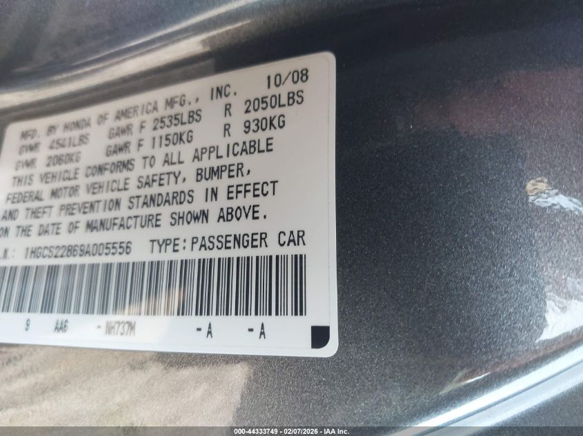 2009 Honda Accord 3.5 Ex-L VIN: 1HGCS22869A005556 Lot: 44333749