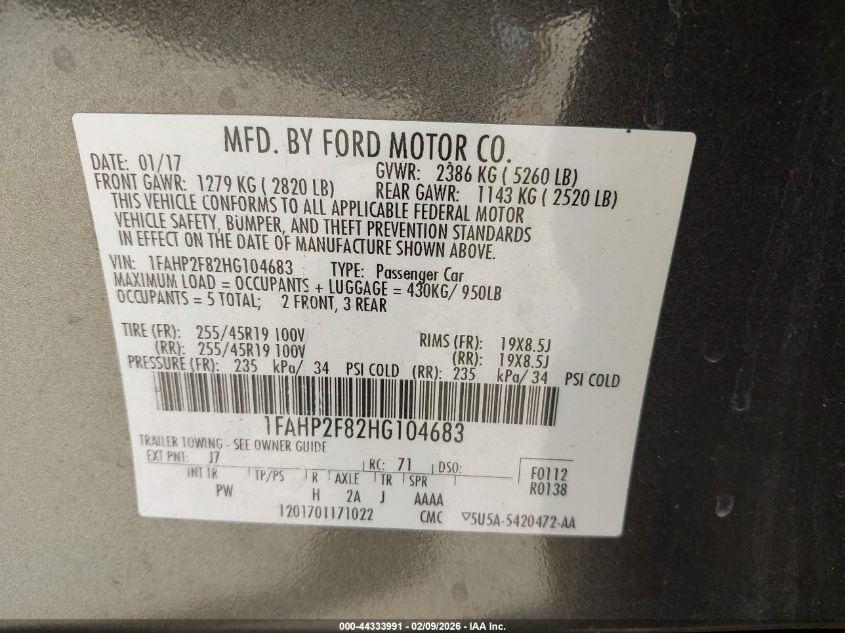 2017 Ford Taurus Limited VIN: 1FAHP2F82HG104683 Lot: 44333991