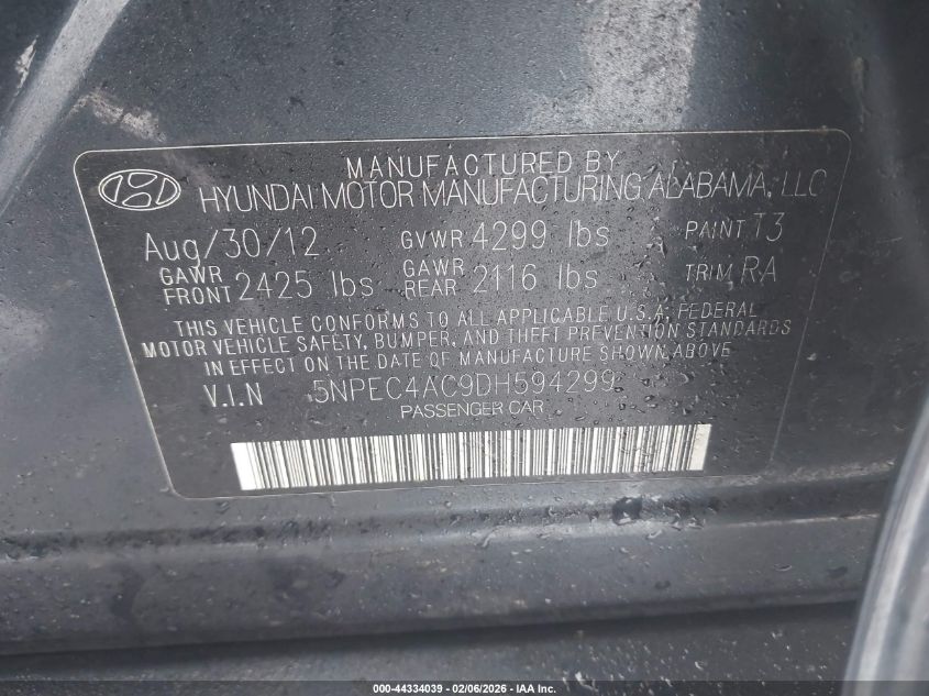 2013 Hyundai Sonata Se VIN: 5NPEC4AC9DH594299 Lot: 44334039
