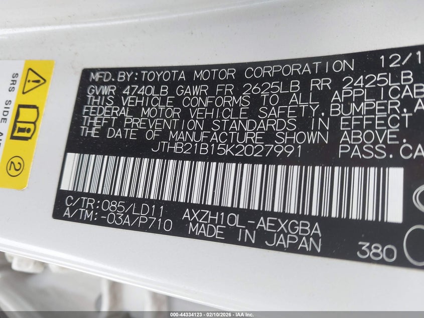 2019 Lexus Es 300H VIN: JTHB21B15K2027991 Lot: 44334123