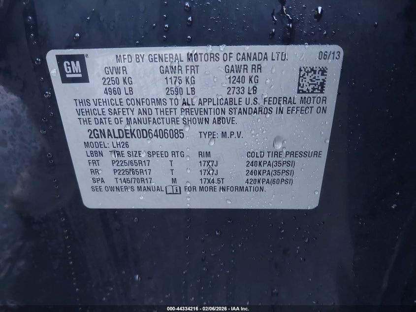 2013 Chevrolet Equinox 1Lt VIN: 2GNALDEK0D6406085 Lot: 44334216