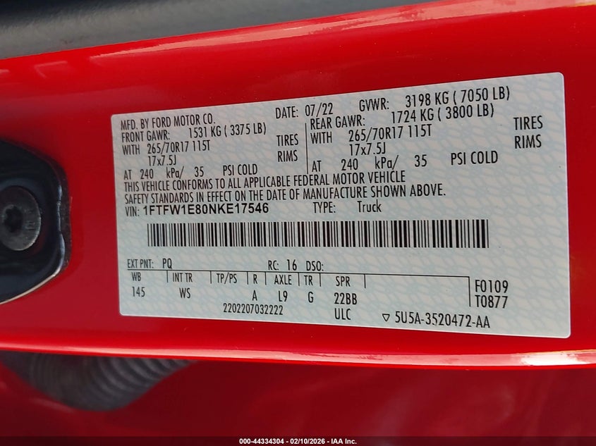 2022 Ford F-150 Xl VIN: 1FTFW1E80NKE17546 Lot: 44334304