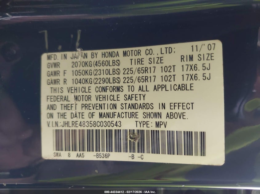 2008 Honda Cr-V Lx VIN: JHLRE48358C030543 Lot: 44334412