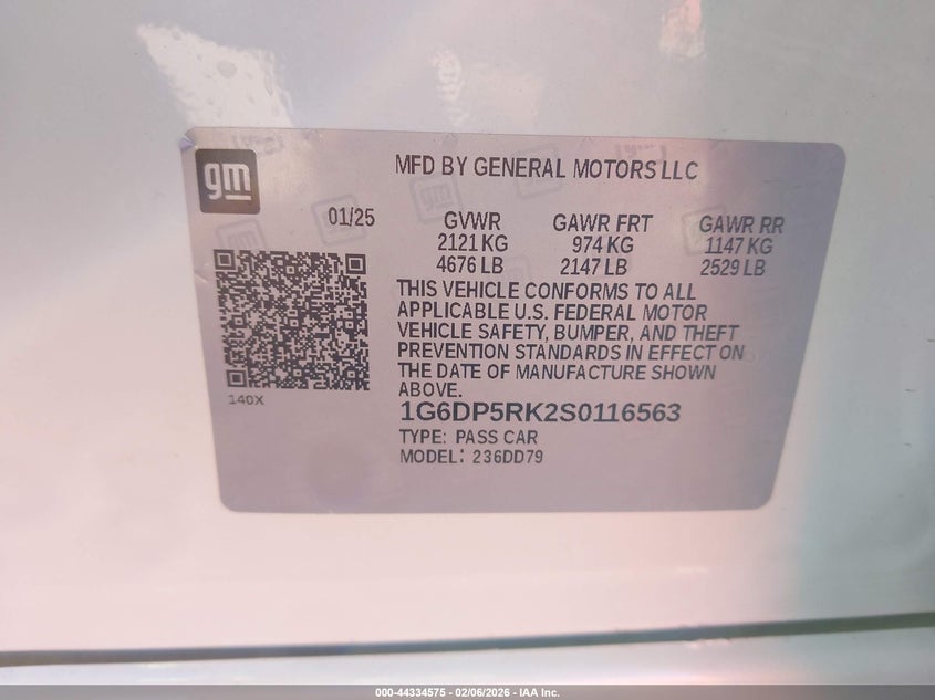 2025 Cadillac Ct5 Sport Rwd VIN: 1G6DP5RK2S0116563 Lot: 44334575