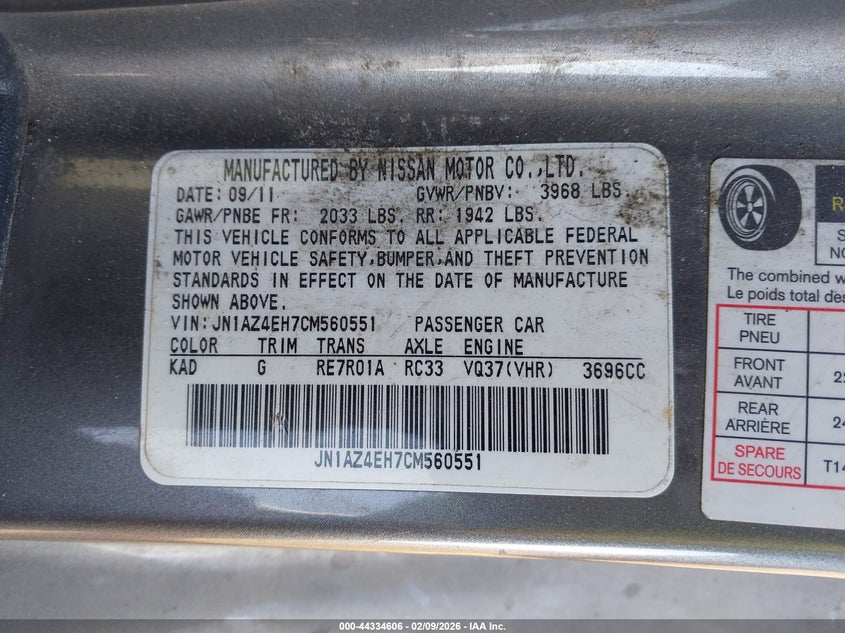 2012 Nissan 370Z VIN: JN1AZ4EH7CM560551 Lot: 44334606
