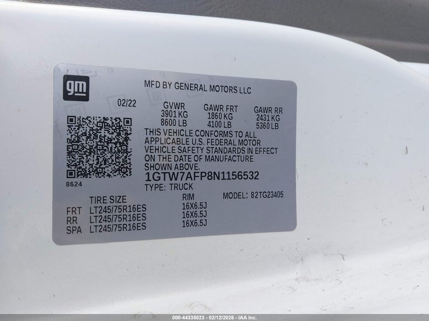 2022 GMC Savana Cargo Rwd 2500 Regular Wheelbase Work Van VIN: 1GTW7AFP8N1156532 Lot: 44335023