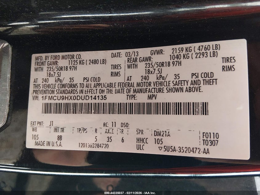 2013 Ford Escape Sel VIN: 1FMCU9HX0DUD14135 Lot: 44335037