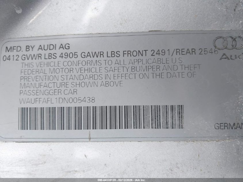 2013 Audi A4 2.0T Premium VIN: WAUFFAFL1DN005438 Lot: 44335139