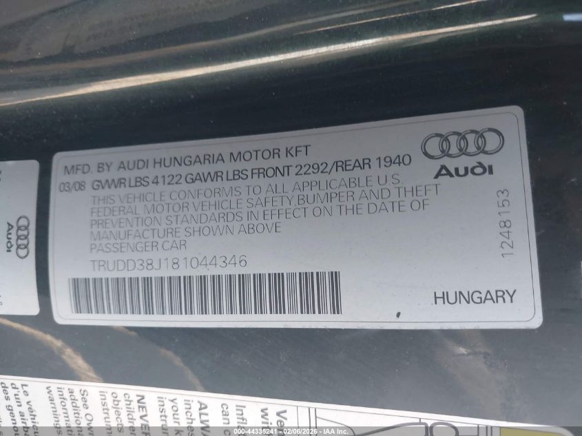 2008 Audi Tt 3.2 VIN: TRUDD38J181044346 Lot: 44335241