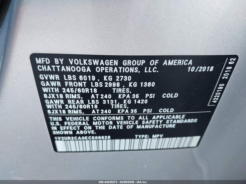 2019 VOLKSWAGEN ATLAS 3.6L V6 SE W/TECHNOLOGY - zdjęcie 9