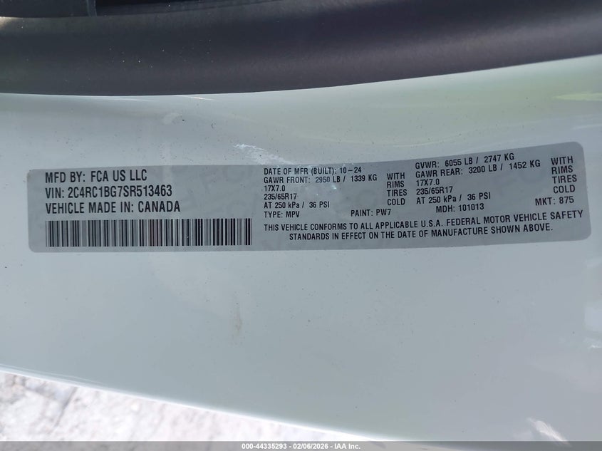 VIN 2C4RC1BG7SR513463 2025 CHRYSLER PACIFICA SELECT