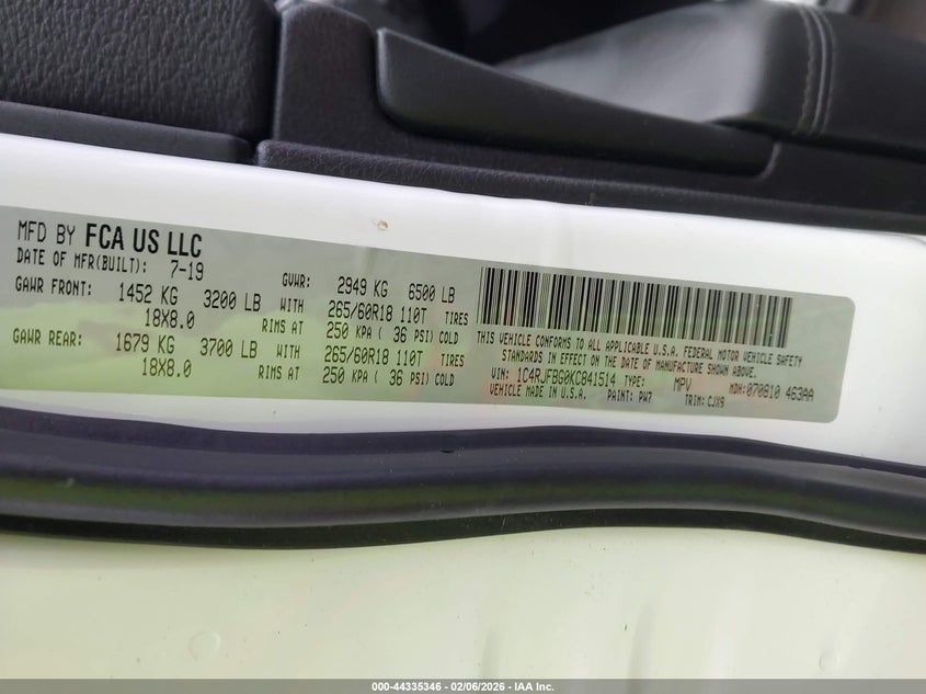 2019 Jeep Grand Cherokee Limited 4X4 VIN: 1C4RJFBG0KC841514 Lot: 44335346