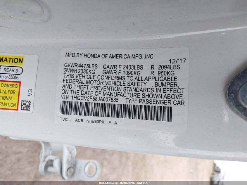 VIN 1HGCV2F58JA007885 2018 HONDA ACCORD EX-L 2.0T